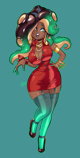 armlet big_breasts bracelet breasts clothing dark_body dark_skin ear_piercing eyebrows female footwear garter_straps glistening glistening_breasts green_eyes hand_on_hip high_heels jewelry necklace open_mouth piercing pseudo_hair red_clothing secretary shoes solo teeth tentacle_hair tentacles thick_thighs wide_hips jamoart nintendo splatoon marina_(splatoon) animal_humanoid aquatic cephalopod humanoid mollusk mollusk_humanoid octarian octoling 2025 absurd_res hi_res