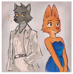 anthro bare_shoulders belt belt_buckle blue_clothing blue_dress bottomwear brown_belt buckle canon_couple clothing dress duo female fur grey_body grey_fur jewelry male male/female necklace orange_body orange_fur pants smile sparkles white_blazer white_bottomwear white_clothing white_dress_shirt white_pants white_suit_jacket yellow_eyes yellow_sclera mayoikanamebffs dreamworks the_bad_guys diane_foxington mr._wolf_(the_bad_guys) canid canine canis fox mammal red_fox true_fox wolf hi_res