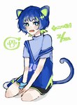 animal_ears blue_eyes blue_hair cat_tail female hair kneeling multicolored_hair open_mouth short_hair solo text two_tone_hair shio_no zutomayo nira-chan animal_humanoid cat_humanoid felid felid_humanoid feline feline_humanoid humanoid mammal mammal_humanoid 2022 hi_res japanese_text