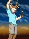 american_flag anthro antlers bottomwear bow_tie buckteeth cargo_shorts celebrating clothing cloud evening fingers fireworks fur holidays hooved_fingers hooves horn male multicolored_body multicolored_fur outside polo_shirt raised_arm shirt shorts sky solo sparkler teeth topwear two_tone_body two_tone_fur united_states_of_america dirty_the_thing 4th_of_july deer mammal mule_deer new_world_deer hi_res