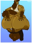 anthro backsack balls big_balls big_butt bodily_fluids bottomless butt clothed clothing cum damaged_clothing genital_fluids genitals hairy huge_balls huge_butt hyper hyper_balls hyper_butt hyper_genitalia male penis perineum shirt tank_top topwear rojoarts scaramouche_rotbelly gnoll hyena mammal hi_res