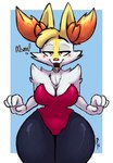 anthro big_breasts blush breasts camel_toe clothed clothing dialogue female inner_ear_fluff looking_at_viewer solo thick_thighs tuft iniquity nintendo pokemon braixen generation_6_pokemon pokemon_(species) hi_res