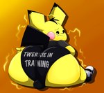 anthro big_butt briefs bulge butt clothing electricity electrogenesis fangs footwear head_tuft huge_butt looking_back male shoes simple_background sitting slightly_chubby solo static teapot_(body_type) teeth text text_on_clothing text_on_underwear tuft underwear yellow_electricity tepigfan101 nintendo pokemon pace_(blastoiseanimator) generation_2_pokemon pichu pokemon_(species) absurd_res hi_res