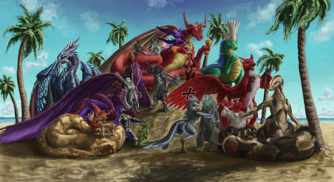 anthro beach cross female feral group iron_cross male palm_tree plant seaside simple_background tail tree apelairplane mythology fan_character avian dragon gryphon humanoid mythological_avian mythological_creature mythological_scalie reptile scalie snake absurd_res hi_res