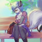 anthro bench blue_hair breasts clothed clothing female fluffy fluffy_tail fully_clothed hair legwear on_bench panties solo stockings tail thigh_highs underwear yellow_eyes prisma6 alexandra_(takkin) canid canine canis mammal wolf 1:1 hi_res