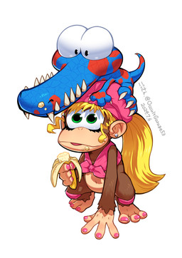 banana barefoot blonde_hair bottomless bottomless_female clothed clothing colored_nails colored_toenails ear_piercing feet female food fruit fur green_eyes hair hat headgear headwear long_hair nails navel piercing plant toenails toes gossan donkey_kong_(series) nintendo dixie_kong haplorhine klampon klaptrap kremling mammal monkey primate scalie hi_res