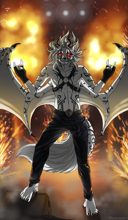 anthro explosion fire fur grin hair leather male red_eyes smile solo stage standing tail white_body white_fur white_hair eliana-asato mythology canid canine canis dragon hybrid mammal mythological_creature mythological_scalie scalie wolf 2016 hi_res