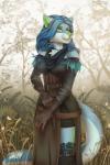 anthro belt blue_body blue_fur blue_hair breasts clothed clothing cosplay detailed_background female fur gloves grass green_eyes green_nose hair handwear legwear nature outside plant solo text tree white_body white_fur tril-mizzrim the_witcher effie_(thearchitect17) yennefer_of_vengerberg canid canine mammal 2016 english_text