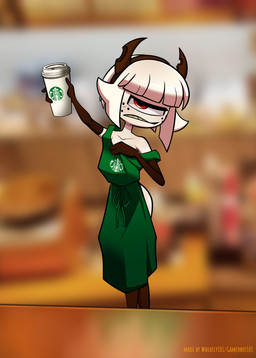 1_eye accessory angry apron apron_only armwear blurred_background butt clothed clothing coffee_cup container cup detailed_background elbow_gloves fake_horns female flat_chested freckled_face freckles gloves green_apron green_clothing hair hair_accessory hairband handwear horned_hairband ill-fitting_clothing not_furry off_shoulder red_eyes short_hair solo white_hair barryfactory i_mean_breast_milk starbucks suzie_(barryfactory) cyclops demon humanoid 2021 hi_res meme