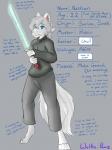 2019 3:4 4_toes 5_fingers anthro arctic_wolf biped blue_eyes bottomwear canid canine canis clothed clothing dialogue digital_media_(artwork) digitigrade english_text eyebrows eyelashes feet fingers front_view fully_clothed fur hair happy hi_res holding_melee_weapon holding_object holding_sword holding_weapon humanoid_hands looking_at_viewer magic mammal melee_weapon model_sheet nathan_fawe pants shaded shirt signature silver_hair simple_background smile soft_shading solo standing story story_in_description sword text toes topwear weapon what_the_hart_wants white_body white_fur wolf wolfie-pawz