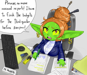 bodily_fluids breasts clothed clothed_female clothed_humanoid clothing computer_keyboard dialogue ear_piercing ear_ring female female_humanoid green_body green_skin hair hair_bun holding_object holding_pen humanoid_pointy_ears not_furry office office_clothing paperwork pen piercing pointy_ears ring_piercing shortstack shortstack_female solo stressed sweat sweatdrop tears text mario-grant ms._nasbh'ke_(mario-grant) goblin humanoid 2025 english_text