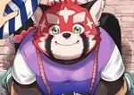 anthro black_body blush camera clothing cute_fangs fangs hat headgear headwear kemono male red_body shirt slightly_chubby solo_focus teeth topwear sawch_cls lifewonders tokyo_afterschool_summoners zhurong_(tas) ailurid mammal red_panda 2021 hi_res