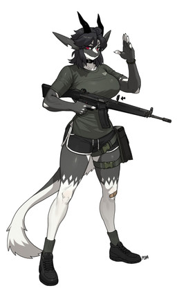 anthro battle_rifle big_breasts black_hair bottomwear breasts clothing collar eyebrows eyelashes female footwear grey_body gun hair hk_g3 horn ranged_weapon red_eyes rifle shirt shoes shorts smile solo topwear weapon white_body pgm300 mythology chabett dragon mythological_creature mythological_scalie scalie wingless_dragon 2026 absurd_res hi_res