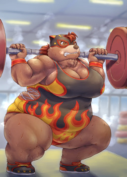 anthro belly biceps big_breasts bodily_fluids breasts brown_body brown_fur chest_tuft claws clenched_teeth clothed clothing exercise female footwear frown fur hair leotard lucha_libre_mask mask open_mouth overweight overweight_female red_hair sharp_teeth shoes solo sports_mask sportswear sweat teeth thick_thighs topwear tuft weightlifting weights workout wrestler wrestling_mask wristband onda_seki bear mammal digital_media_(artwork) hi_res