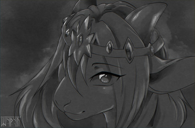 ambiguous_gender anthro crown crown_only fur hair head_horn headgear headgear_only horn long_hair looking_at_viewer portal solo hybrid mammal absurd_res digital_media_(artwork) greyscale headshot_portrait hi_res monochrome portrait