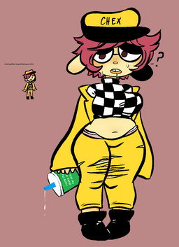 anthro breasts buckteeth clothing female fupa hair hat headgear headwear juice_that_gives_you_a_fat_ass midriff question_mark red_hair slightly_chubby slightly_chubby_female solo teeth text yellow_body unknown_artist vermin_fight_club chexi chexmix vermin_(species) english_text hi_res