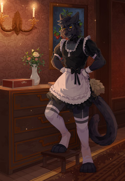anthro blush candle cheek_tuft clothed clothing crossdressing eyewear facial_tuft fangs flower front_view fur glasses grey_body grey_fur grey_hair hair inside legwear looking_at_viewer maid_uniform male open_mouth painting_(object) plant round_glasses short_hair solo standing teeth tuft uniform unsigned white_clothing white_legwear yellow_eyes corzh77 felid mammal absurd_res full-length_portrait hi_res portrait
