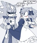 :3 anthro blush bottomwear bottomwear_pull clothed clothing clothing_pull crossdressing dialogue duo eye_contact eyelashes flirting holding_tray looking_at_another machine maid_uniform male male/male skirt skirt_pull speech_bubble uniform arrow_hearted sega sonic_the_hedgehog_(series) neo_metal_sonic sonic_the_hedgehog eulipotyphlan hedgehog mammal robot