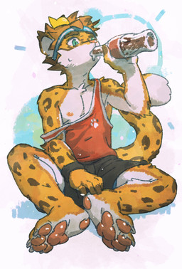 accessory anthro beverage_bottle black_spots bodily_fluids bottle bottomwear clothing container drinking feet fur green_eyes headband kemono male markings nipples orange_body orange_fur pawpads paws shirt shorts sitting soda_bottle solo spots spotted_body spotted_fur sweat sweatdrop tank_top topwear white_body white_fur wristband juo1 felid leopard mammal pantherine hi_res