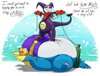 belly big_belly clothing gloves group handwear inflation male overweight purple_body shortstack shortstack_male text trio thatoneaceguy bandai_namco digimon armadillomon digimon_(species) impmon veemon 2026 english_text hi_res