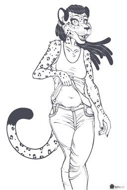 anthro belly bottomwear claws clothed clothing clothing_lift denim denim_bottomwear denim_clothing dreadlocks fangs female fur jeans looking_at_viewer markings navel open_mouth pants raised_clothing raised_tail shirt slightly_chubby slightly_chubby_anthro slightly_chubby_female smile smiling_at_viewer solo spots spotted_body spotted_fur standing tail tank_top teeth tongue topwear marcushunter cheetah felid feline mammal 2023 signature