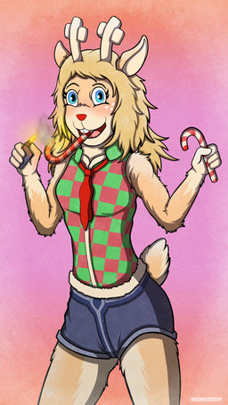 anthro antlers blonde_hair blue_eyes blush bottomwear buckteeth candy candy_cane cheerful cigar cigarette clothed clothing collared_shirt dessert female fire food fur glistening hair happy holidays horn lighter long_hair necktie open_mouth polo_shirt pupils red_nose scut_tail shirt short_tail shorts smoke smoking smoking_cigar smoking_cigarette snow snowing solo tail teeth topwear yellow_body yellow_fur criegrrunov deltarune undertale_(series) noelle_holiday deer mammal new_world_deer reindeer absurd_res hi_res