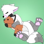 anthro clothed clothing diaper ears_back eyes_closed fur green_background hug hugging_object hugging_plushie lying male on_back open_mouth pawpads pink_pawpads pivoted_ears plushie simple_background sleeping solo wearing_diaper white_body white_eyes white_fur young young_anthro young_male riddlr pineberry_fox canid mammal 1:1 absurd_res hi_res