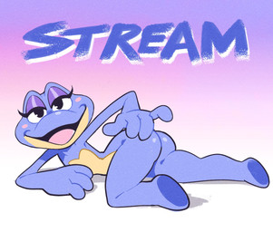 anthro bedroom_eyes blue_body blue_skin blush blush_stickers butt female frog_pose narrowed_eyes nude open_mouth open_smile political_cartoon politics seductive smile solo text matts_beans beans_(mattsbeans) amphibian frog english_text hi_res source_request