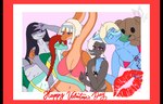 anthro arm_spikes big_breasts black_hair blonde_hair blue_body blue_eyes breasts colored_nails female green_body green_eyes grey_body group hair holidays kiss_mark nails orange_body plushie purple_eyes purple_nails red_hair shark_teeth spikes spikes_(anatomy) teddy_bear text reizo666 cavemanon_studios snoot_game valentine's_day daniela_sanchez fan_character juliet_(garavakarian) vee_(veedway) violet_(violetbrontosau) zephyr_(op_gero) brontosaurus dinosaur diplodocid fish hadrosaurid humanoid marine ornithischian ornithopod parasaurolophus prehistoric_species reptile sauropod sauropodomorph scalie shark spinosaurid spinosaurus theropod troodon troodontid english_text hi_res