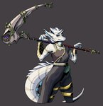 armlet asymmetrical_clothing belt black_clothing black_legwear blue_eyes blue_inner_ear clothed clothing cosplay eyebrows female grey_background grey_clothing grey_robe holding_scythe horn legband legwear looking_at_viewer melee_weapon polearm raised_eyebrow robe scythe simple_background snout solo striped_body stripes tail weapon weapon_on_shoulder white_horn white_tail echros hades_(game) mythology thanatos_(hades) dragon mythological_creature mythological_scalie scalie hi_res portrait three-quarter_portrait