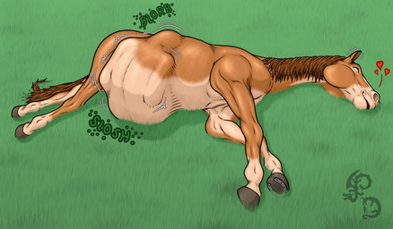 ambiguous_gender belly big_belly black_hooves brown_body brown_ears brown_hair duo feral grass hair heart_symbol hooves horse_tail lying on_side plant rumbling_stomach tan_body vore dragonczech equid equine horse mammal 2025 hi_res watermark
