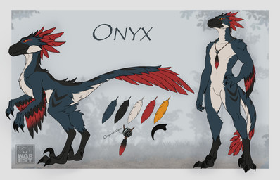 anthro blue_body claws feathers feral male red_body red_feathers solo teeth text wings yellow_eyes conditional_dnp warest dinosaur dromaeosaurid feathered_dinosaur feathered_scalie prehistoric_species reptile saurischian scalie theropod utahraptor absurd_res hi_res model_sheet
