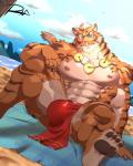 anthro biped bulge countershading jewelry looking_at_viewer male muscular muscular_anthro muscular_male necklace nipples outside pecs sitting smile solo towel reclamon nekojishi studio_klondike lin_hu felid mammal pantherine tiger 4:5 hi_res