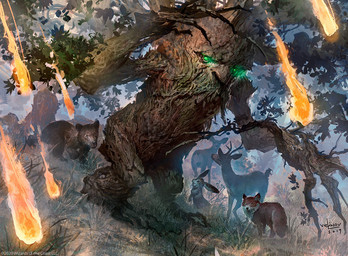 ambiguous_gender antlers brown_body brown_fur feral fire fireball fur glowing glowing_eyes grass green_eyes group horn plant size_difference standing tail tree svetlin_velinov hasbro magic:_the_gathering wizards_of_the_coast bear canid canine deer elemental_creature flora_fauna fox humanoid lagomorph leporid mammal rabbit treant 2019 official_art