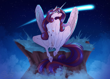 anthro breasts feathers female genitals horn night nipples nude reward shooting_star sky smile solo star vulva wet wings sunny_way hasbro my_little_pony mythology equid equine horse mammal mythological_creature mythological_equine pony winged_unicorn hi_res