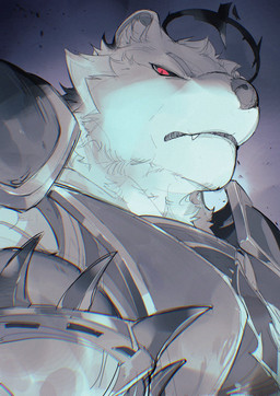 ambiguous_gender anthro armor black_armor black_background black_halo black_sclera clothed clothed_anthro clothing eyebrows fur halo inner_ear_fluff looking_at_viewer looking_down looking_down_at_viewer mouth_closed overbite pupils red_eyes shoulder_guards simple_background slit_pupils solo tuft white_body white_fur white_inner_ear_fluff chiayeeee bear mammal 2024 bust_portrait chromatic_aberration digital_drawing_(artwork) digital_media_(artwork) hi_res portrait