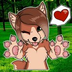 1:1 anonymous_artist anthro brown_body brown_fur canid canine canis domestic_dog female fur heart_symbol herding_dog looking_at_viewer mammal one_eye_closed pastoral_dog pawpads paws sagezilla solo speech_bubble telegram_sticker tongue tongue_out welsh_corgi wink