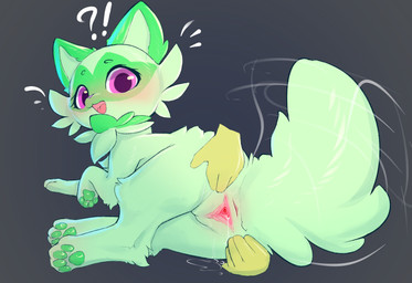 anus bodily_fluids cheek_tuft clitoral_hood clitoris disembodied_hand facial_markings facial_tuft feet female female_feral feral fur fur_tuft genital_fluids genitals green_pawpads grey_background grey_body grey_fur head_markings hindpaw inner_labia interrobang looking_at_another markings mask_(marking) monotone_body monotone_fur neck_tuft open_mouth pawpads paws purple_eyes quadruped rear_view simple_background solo spread_vulva spreading sweat_emanata tail tail_motion tailwag tuft vaginal_fluids vulva lunargent nintendo pokemon generation_9_pokemon pokemon_(species) sprigatito 2026 absurd_res digital_drawing_(artwork) digital_media_(artwork) hi_res shaded soft_shading