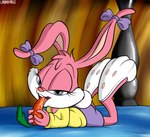 carrot female food food_fetish licking looking_at_viewer lying on_front open_mouth plant seductive smile solo suggestive suggestive_food tongue tongue_out vegetable unbakable tiny_toon_adventures warner_brothers babs_bunny lagomorph leporid mammal rabbit absurd_res hi_res