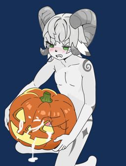 anthro biped blush bodily_fluids cum cum_drip cum_in_pumpkin cum_inside dripping ears_down ejaculation erection food fruit genital_fluids genitals green_eyes hair holding_pumpkin horn jack-o'-lantern kneeling male markings orgasm penis pivoted_ears plant pumpkin pumpkin_fucking short_hair simple_background solo stem teeth transparent_background white_hair conditional_dnp e10109 bovid caprine goat mammal absurd_res alpha_channel hi_res
