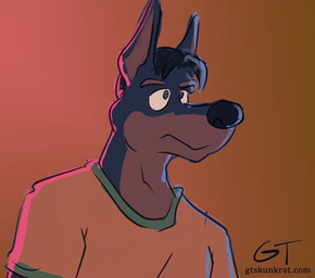 anthro athletic black_body black_fur black_hair clothing fur hair male neutral_expression shirt solo t-shirt text topwear gtskunkrat canid canine canis dobermann domestic_dog mammal pinscher bust_portrait low_res portrait sketch url