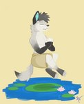 anthro clothed clothing crosslegged_pose eyes_closed floating flower lily_pad male meditation midair plant pond solo topless water thelivingtrashcan canid canine canis mammal wolf 2018