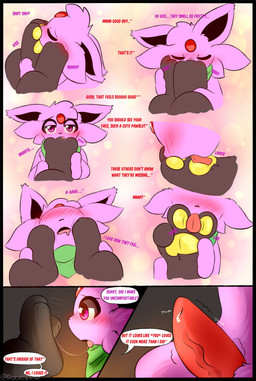 ambiguous_gender blush bodily_fluids dialogue duo erection feet feral foot_fetish foot_lick foot_play genital_fluids genitals green_scarf hindpaw leaking_precum licking male male/ambiguous pawpads paws penis precum scarf soles speech_bubble text toes tongue vein veiny_penis rockii nintendo pokemon eeveelution espeon generation_2_pokemon pokemon_(species) umbreon comic english_text hi_res female_(lore)