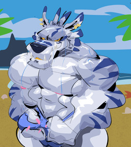 anthro barazoku beach bodily_fluids clothing detailed_background erection looking_at_viewer male muscular solo sweat thong underwear yellow_sclera wetyuip bandai_namco digimon canid canine canis digimon_(species) mammal weregarurumon wolf absurd_res hi_res
