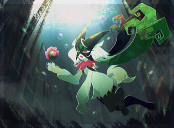 abstract_background ambiguous_gender anthro bubble claws fangs fur green_body green_fur green_hair hair narrowed_eyes open_mouth pawpads paws pink_eyes solo tail teeth tongue mrh2o2 nintendo pokemon felid feline generation_9_pokemon mammal meowscarada pokemon_(species) 2025 dated hi_res signature