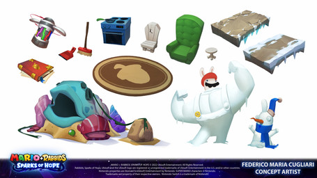 ambiguous_feral ambiguous_gender anthro appliance black_facial_hair black_mustache blue_clothing blue_eyes blue_hat blue_headwear blue_scarf blue_shell book broom brown_carpet button_(fastener) carpet carrot chair cleaning_tool clothing cookware copyright_symbol directional_arrow duo dustpan facial_hair feral food frying_pan fur furniture green_chair hat headgear headwear ice icicle kitchen_utensils light long_ears male male_anthro mustache noseless paper plant purple_shell red_clothing red_hat red_headwear red_shell rock sand scarf shell simple_background snow snowman stove symbol table tan_inner_ear text tools vegetable white_body white_fur wood wood_chair wood_furniture year federico_maria_cugliari mario_bros mario_plus_rabbids_kingdom_battle nintendo raving_rabbids rayman_(series) ubisoft rabbid_mario aquatic bivalve clam lagomorph mammal mollusk rabbid 16:9 2022 4k absurd_res artist_name colored concept_art crossover digital_drawing_(artwork) digital_media_(artwork) english_description english_text hi_res lighting official_art shaded widescreen