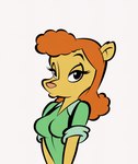 anthro big_breasts breasts clothing curled_hair female fur green_clothing green_shirt green_topwear hair half-closed_eyes long_hair looking_at_viewer narrowed_eyes pink_nose red_hair shirt solo tan_body tan_fur topwear stanmort dc_comics looney_tunes warner_brothers vinda_loo mammal mink mustelid musteline true_musteline hi_res