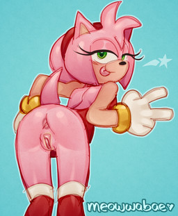 accessory anthro anus bedroom_eyes boots bracelet butt clothed clothing dress duo female footwear genitals gesture gloves green_eyes hair_accessory hairband hand_gesture handwear jewelry legwear looking_at_viewer looking_back looking_back_at_viewer narrowed_eyes no_underwear pink_body seductive shoes simple_background small_butt smile solo tail tan_body tan_skin thigh_boots thigh_highs tongue tongue_out v_sign vulva meowwabae sega sonic_the_hedgehog_(series) amy_rose eulipotyphlan hedgehog mammal