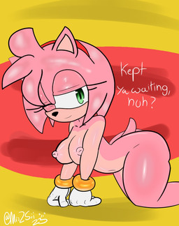 accessory all_fours anthro big_breasts breasts clothing dialogue female female_anthro flirting flirting_with_viewer glistening glistening_body gloves green_eyes hair handwear happy headband headgear headwear looking_at_viewer multicolored_body narrowed_eyes nipples one_eye_closed one_eye_half-closed pink_body pink_hair pink_nipples ring small_tail solo tail text thick_thighs two_tone_body mii2sii sega sonic_the_hedgehog_(series) amy_rose eulipotyphlan hedgehog mammal signature