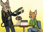anthro birthday_cake brown_body brown_fur brown_stripes cake dessert duo eyewear female flamethrower flower food fur glasses green_eyes male orange_body orange_fur plant ranged_weapon stripes tan_body tan_fur tongue tongue_out weapon ziegelzeig bad_guy_cafe colt_lasky sarha_solar domestic_cat felid feline felis lynx mammal